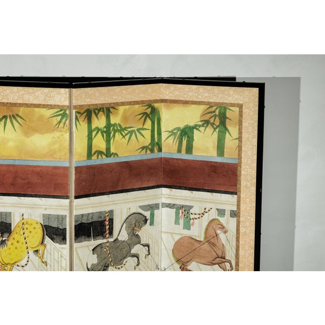 Wood Japanese Inspired Six-Panel Screen with Horses in Stable with Bamboo Backdrop For Sale - Image 7 of 18