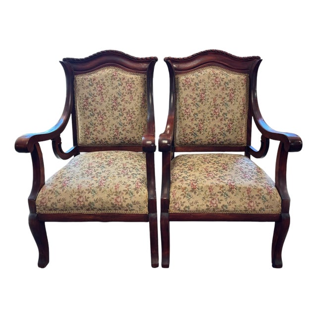 Pair of French Provincial Mahogany Armchairs With Floral Upholstery For Sale