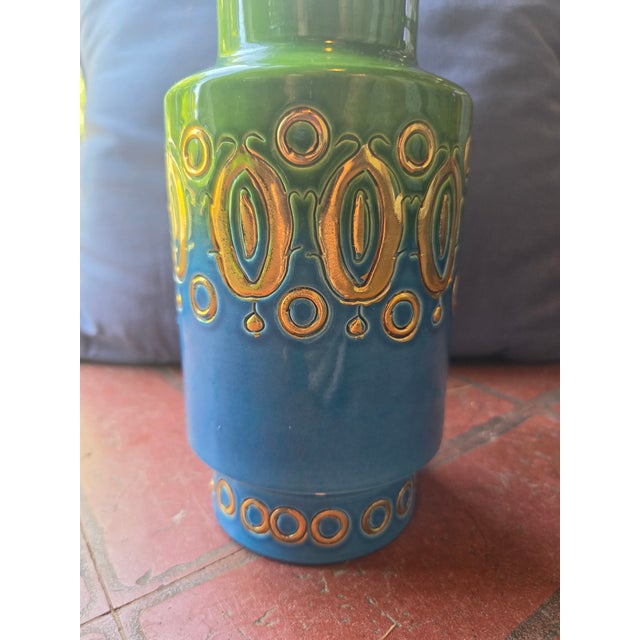 Mid-Century Modern Aldo Londi Bitossi Italy MCM Green Blue Gold Glazed Ceramic Vase 8" Rimini Style For Sale - Image 3 of 8