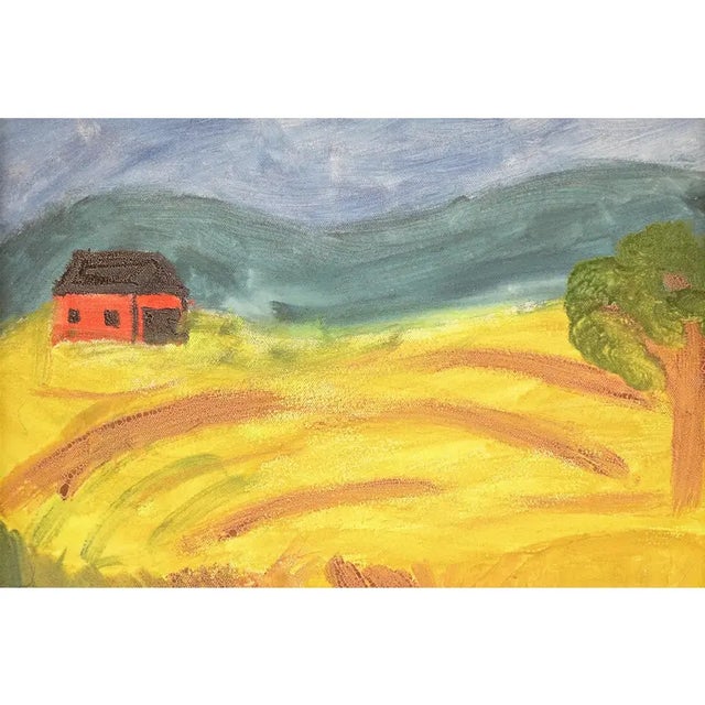This cheerful acrylic landscape captures the rustic serenity of a golden countryside, composed in bold, expressive...