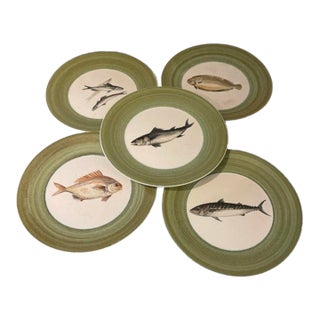 1950s French Marcel Guillot Hand-Painted French Ceramic Fish Dinner Plates - Set of 5 For Sale