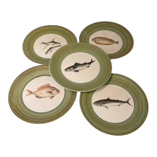 1950s French Marcel Guillot Hand-Painted French Ceramic Fish Dinner Plates - Set of 5 For Sale