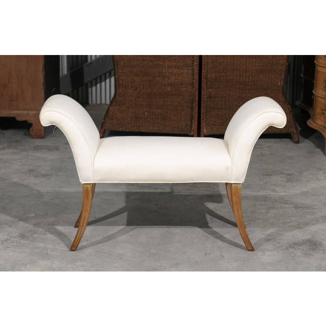 Mid 20th Century English Midcentury Petite Upholstered Bench with Saber Legs and Scrolled Arms For Sale - Image 4 of 6
