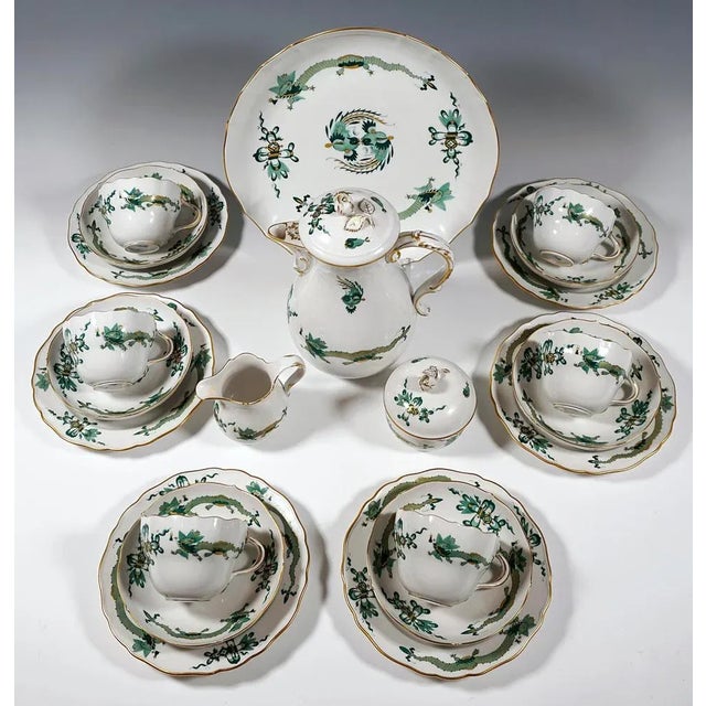 Meissen Coffee Set for 6 Persons, decor number 320310 - Rich Dragon in greens shaded gold, gold rim 22 parts: 1 coffee pot...