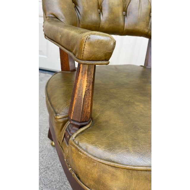 Set of Four Vintage Lewittes Tufted Sage Vinyl Club/Conference Chairs With Brass Casters For Sale - Image 15 of 17