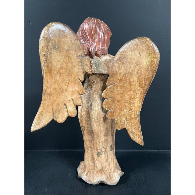 Vintage Hand Carved Wooden Standing Angel Paying Violin Instrument Sculpture For Sale - Image 10 of 10