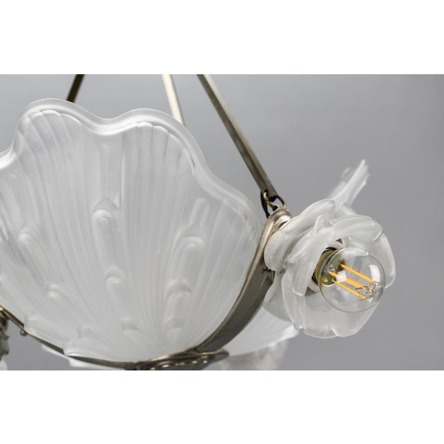 Metal Art Deco French Four-Light White Frosted Glass Shell Ceiling Lamp, 1930s For Sale - Image 7 of 18