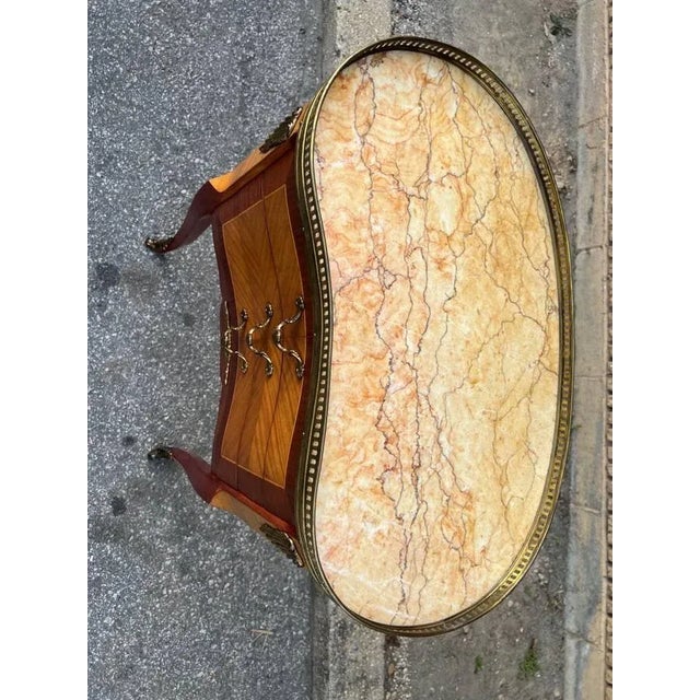 1940s Pair Louis XV Style Parquetry Fruitwood Brass Gallery Marble Top Kidney-Shape Side Tables For Sale - Image 11 of 12
