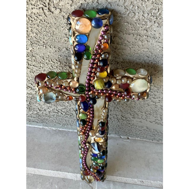 Folk Art Late 20th-Century Mosaic-Style Faux "Jeweled" Stone, Glass & Wood Cross Wall Hanging For Sale - Image 3 of 16