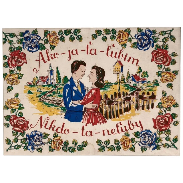 Hand-Colored Block Print on Textile, 1940s For Sale