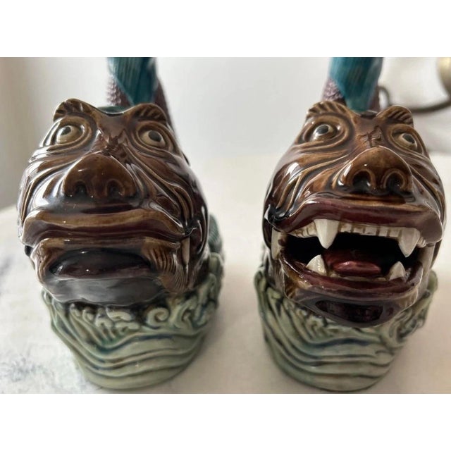Vintage Pair of Chinese Porcelain Statues of Koi Dragon Carp Dragon Fish Figurines. 10"h & 9.5"h For Sale - Image 10 of 14