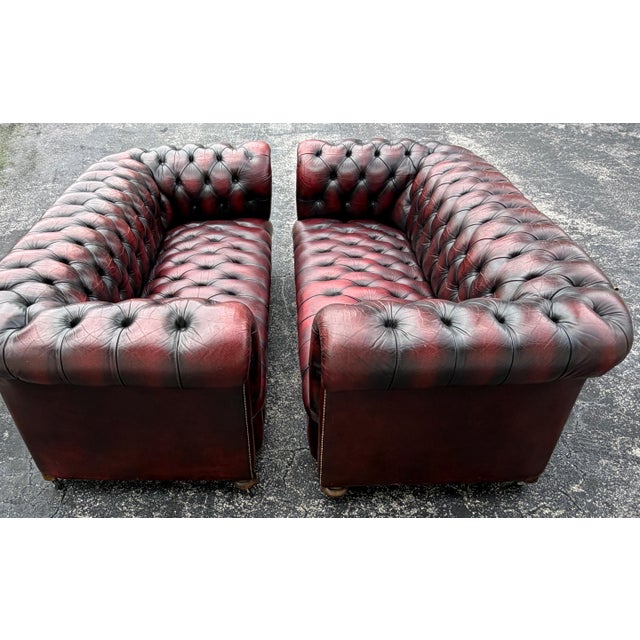 Pair of English Chesterfield Sofas in Burnished Burgundy Leather, Circa 1950s For Sale - Image 10 of 13