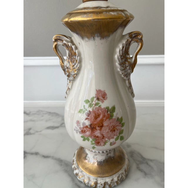 Traditional Vintage Pink and Gold Wild Rose Lamp Completely Restored For Sale - Image 3 of 12