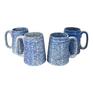 1970s Blue Spongeware Pottery Coffee Mugs - Set of 4 For Sale