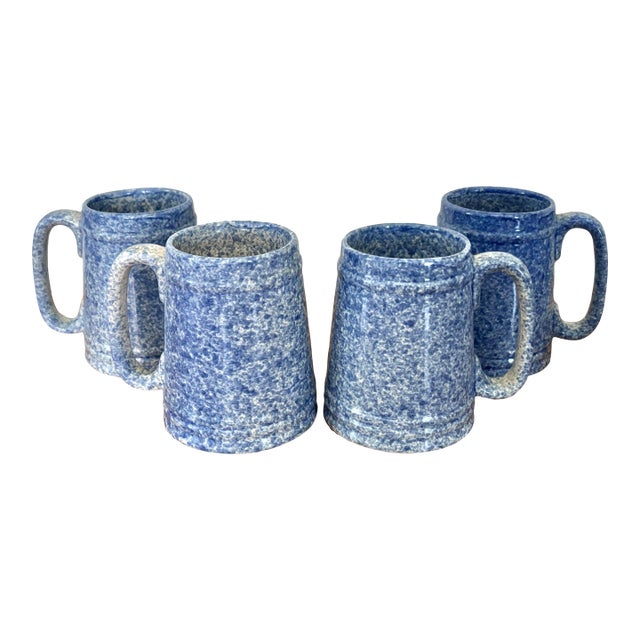 1970s Blue Spongeware Pottery Coffee Mugs - Set of 4 For Sale