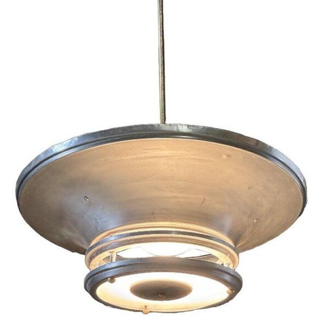 Art Deco 1930s Art Deco Machine Age Spun Aluminum 23" 2 Ring Pendant Light, 2 Available For Sale - Image 3 of 8