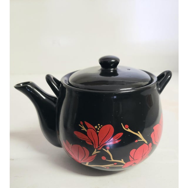 Red Vintage Japanese Black Ceramic Kyusu Teapot With Red Floral Motif For Sale - Image 8 of 8