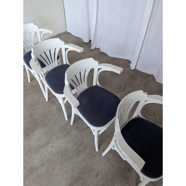 Vintage White Bentwood Dining Chairs with Blue Fabric Seats, 1970s, Set of 4 For Sale - Image 4 of 18