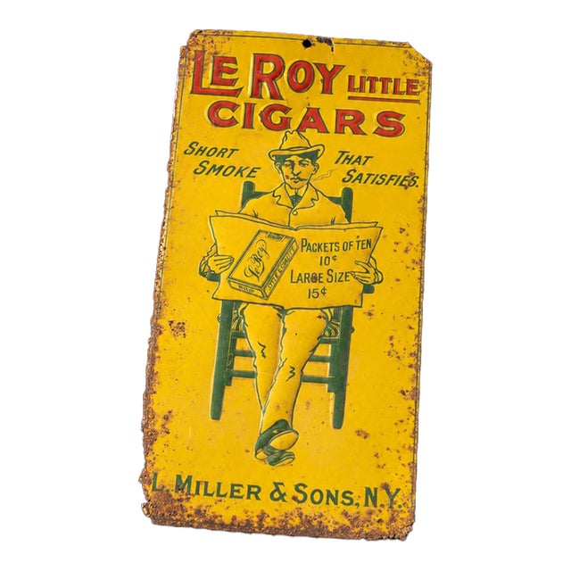 Antique Leroy Little Cigars Embossed Tin Sign For Sale