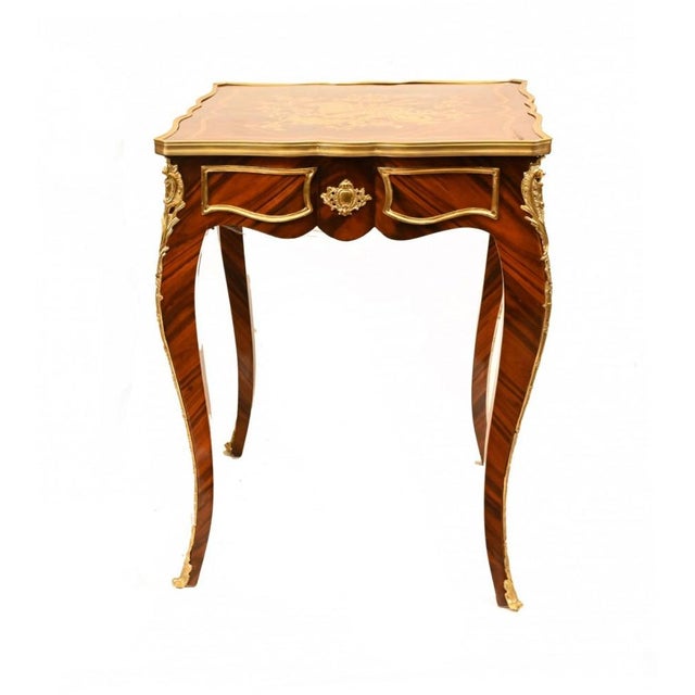 Stunning pair of French Empire style side tables in kingwood Florid marquetry inlay work to the top very intricate and...