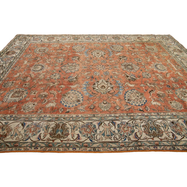 Rust Antique Persian Tabriz Handmade Allover Floral Wool Rug For Sale In New York - Image 6 of 11