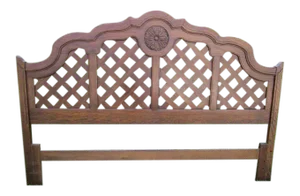 Vintage Wood King Size Headboard Lattice Inserts Flower Detail Dark Tone