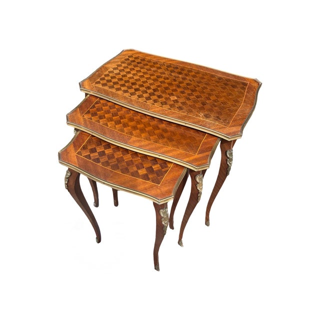 Brown Antique Louis XV French Parquetry Top Nest of Tables, 1920s, Set of 3 For Sale - Image 8 of 8