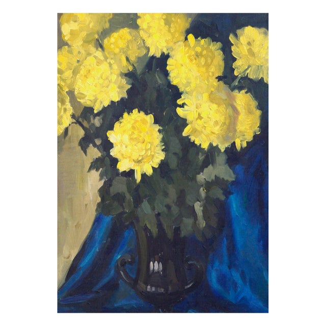 Yellow chrysanthemums in a black vase with a deep blue backdrop come together in a beautiful midcentury still life oil...