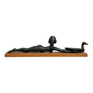 Vintage Metal Egyptian Figure on Wood Base For Sale