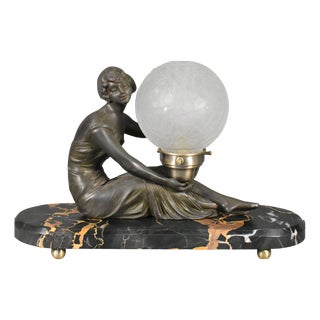 French Art Deco Lamp with Lady and Glass Globe Shade, 1920s For Sale