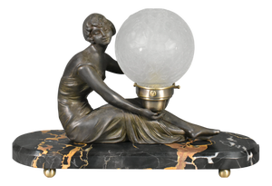 French Art Deco Lamp with Lady and Glass Globe Shade, 1920s