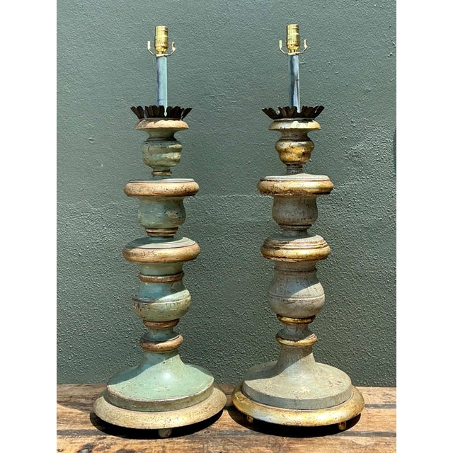 Infuse your interior with timeless Italian elegance with this pair of vintage turned wood table lamps, beautifully crafted...
