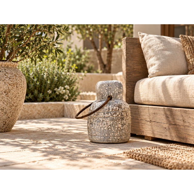 A hand-carved stone weight with the soft, chalky grey-white surface of a piece that has weathered in the open air, flecked...