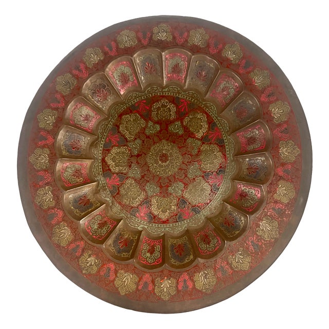 Large Anglo-Indian Style Embossed Copper Wall Charger with Red and Gold Floral Decoration, 1970s For Sale