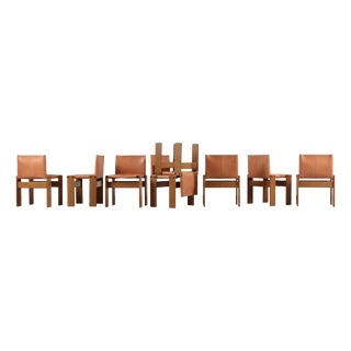 Monk Chairs in Walnut and Buffalo Leather by Afra and Tobia Scarpa for Molteni, 1973, Set of 8 For Sale
