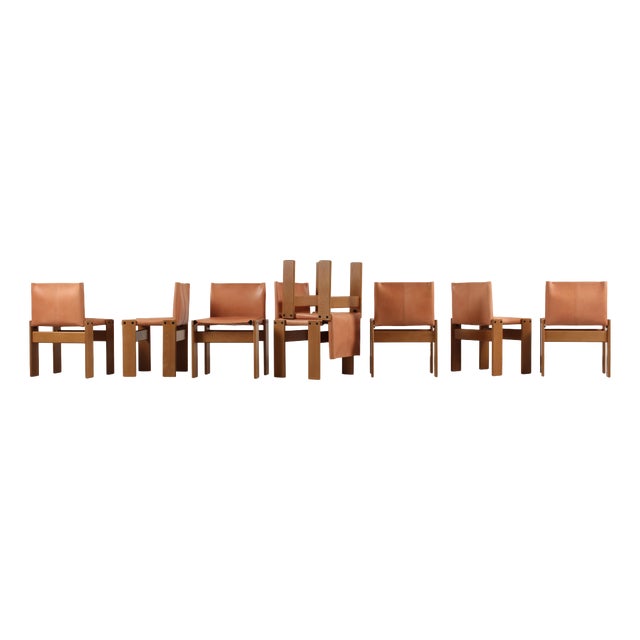 Monk Chairs in Walnut and Buffalo Leather by Afra and Tobia Scarpa for Molteni, 1973, Set of 8 For Sale