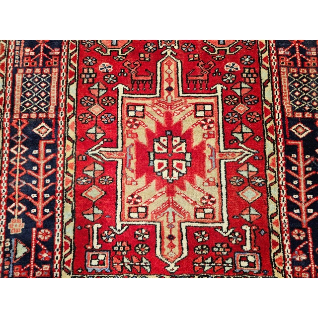 Antique Persian Heriz Karajeh Runner, Hand-Knotted Wool, Geometric Medallion Pattern, Red & Navy, 4x14 For Sale - Image 4 of 18