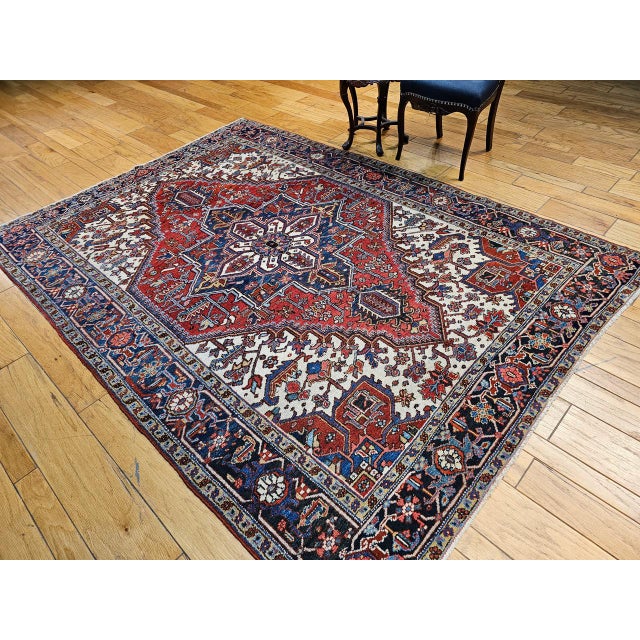 Red Early 20th Century Persian Heriz, Hand-Knotted Wool, Geometric Pattern, Vegetable Dyes, Red & Navy, 7x9 For Sale - Image 8 of 11
