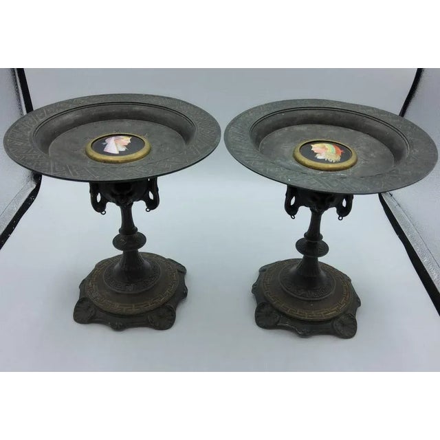 Antique Bronze Tazza with Porcelain Plaques, Set of 2 For Sale - Image 3 of 11