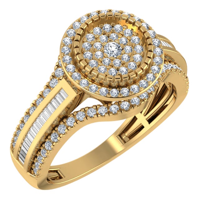 10K Yellow Gold Round Baguette Diamond Halo Sz 7 Designer Ladies Ring 7/8 Cttw For Sale