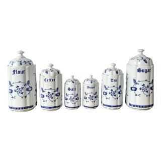 Mid-Century Blue and White Floral Ceramic Caddies from TC, 1950s, Set of 6 For Sale