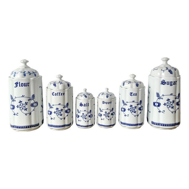 Mid-Century Blue and White Floral Ceramic Caddies from TC, 1950s, Set of 6 For Sale