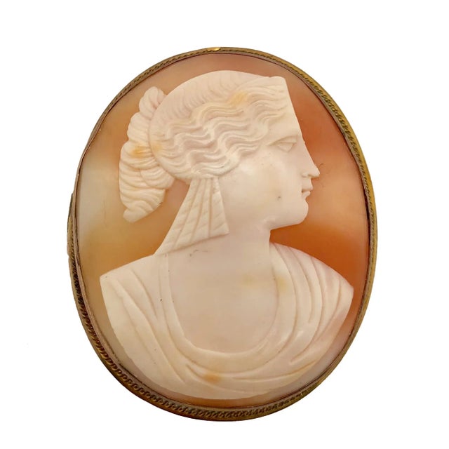 A fine carved shell cameo brooch in a 10K gold bezel. The Antique cameo dates from the Victorian Period and depicts the...