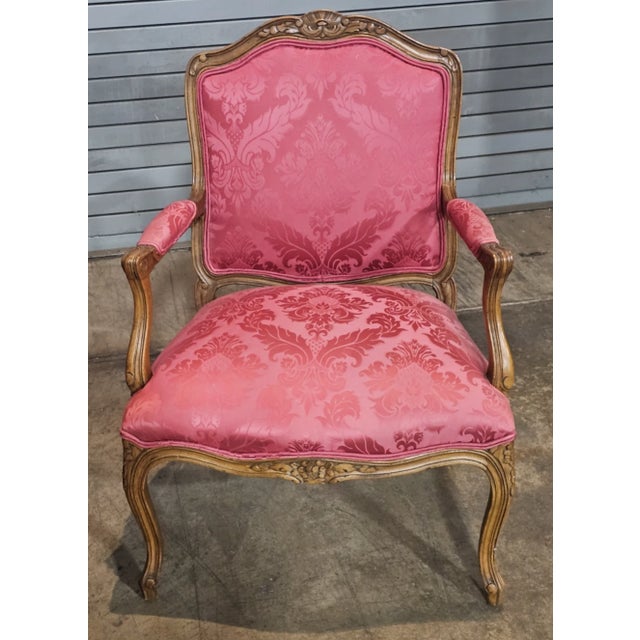 Pair of Late 20th Century Provincial French Country Walnut Carved Arm Chairs Rose Silk Damask Fabric For Sale In Cleveland - Image 6 of 13