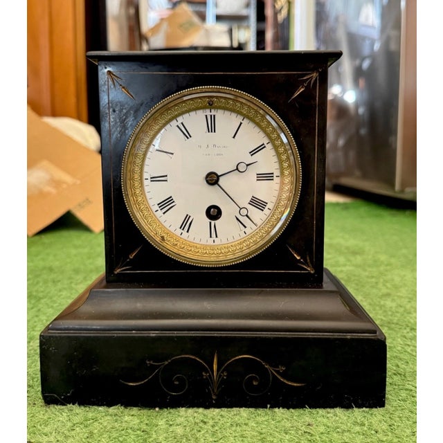Black 19th Century French Slate Stone Mantel Clock For Sale - Image 8 of 12