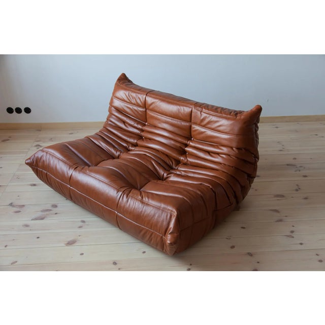 Cognac Brown Leather Togo Living Room by Michel Ducaroy for Ligne Roset, Set of 5 For Sale - Image 9 of 13