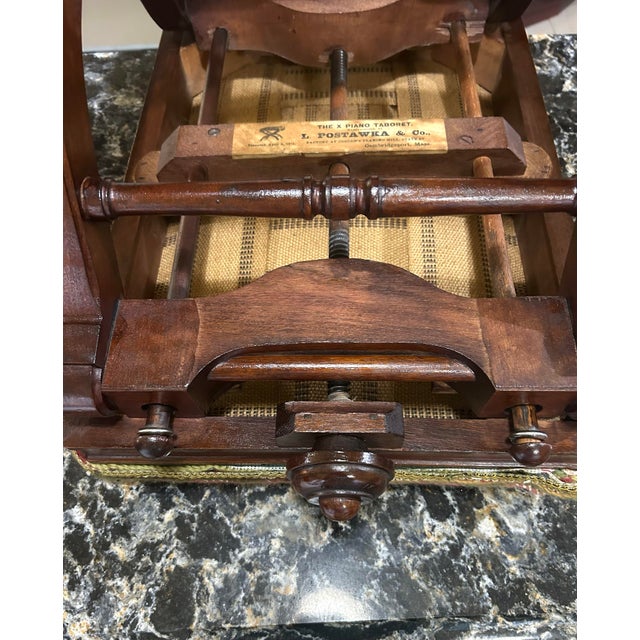 Antique, Victorian, Adjustable X-Frame, Mahogany Piano/Foot Stool, With Geometric, Needle-Point, Upholstered Top, Postawka, Cambridgeport, Mass, 1871 For Sale - Image 9 of 9