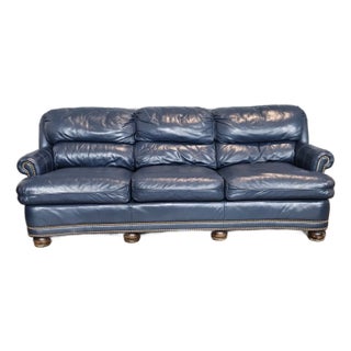 Hancock & Moore Blue Leather Sofa Nailhead Trim Three Cushions Outstanding For Sale