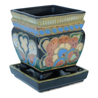 Art Deco Japanese Gouda Footed Planter With Matching Saucer For Sale