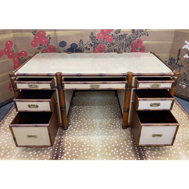 1980s Polo Ralph Lauren Mahogany and Canvas Bamboo Campaign Desk For Sale In Dallas - Image 6 of 11
